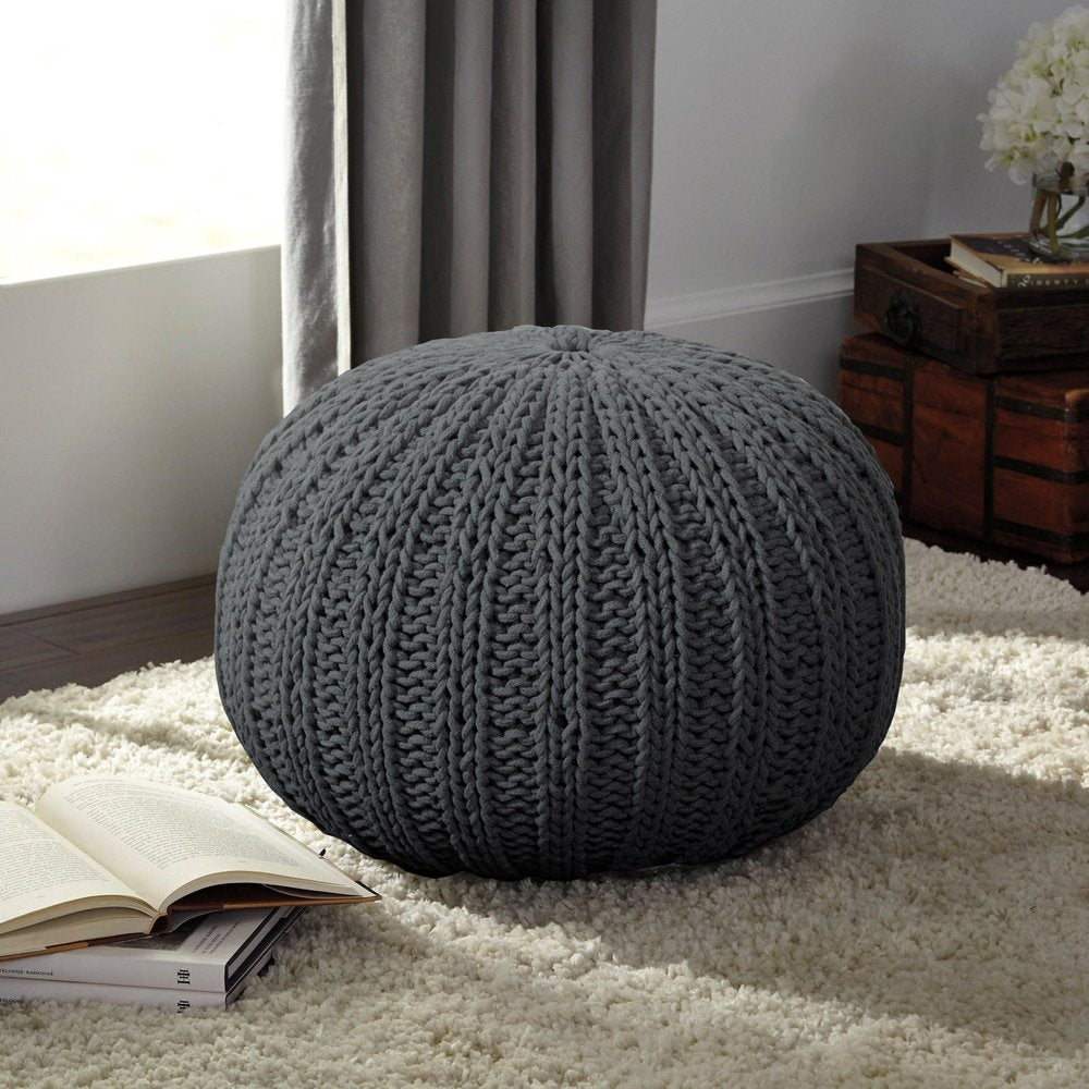20" Gray Cotton Round Pouf Ottoman