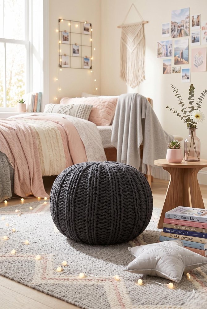20" Gray Cotton Round Pouf Ottoman