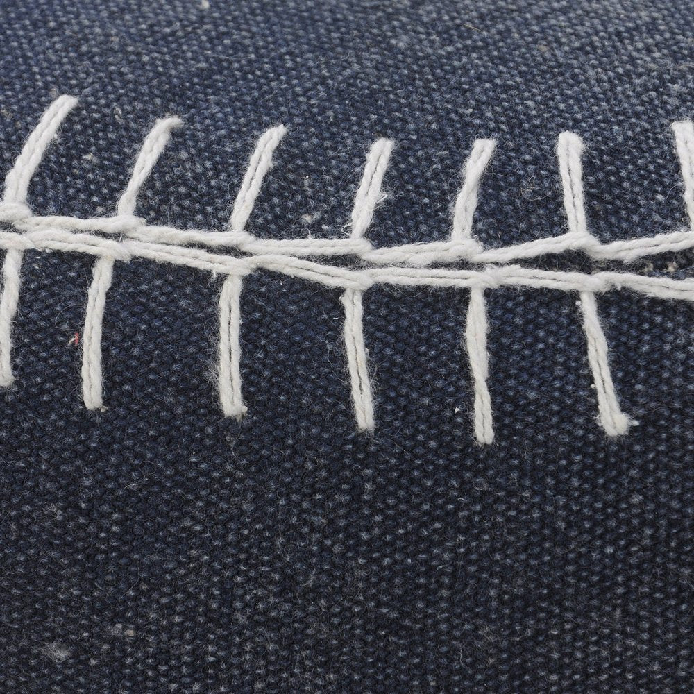 18" Blue Cotton Cylinder Striped Pouf Ottoman