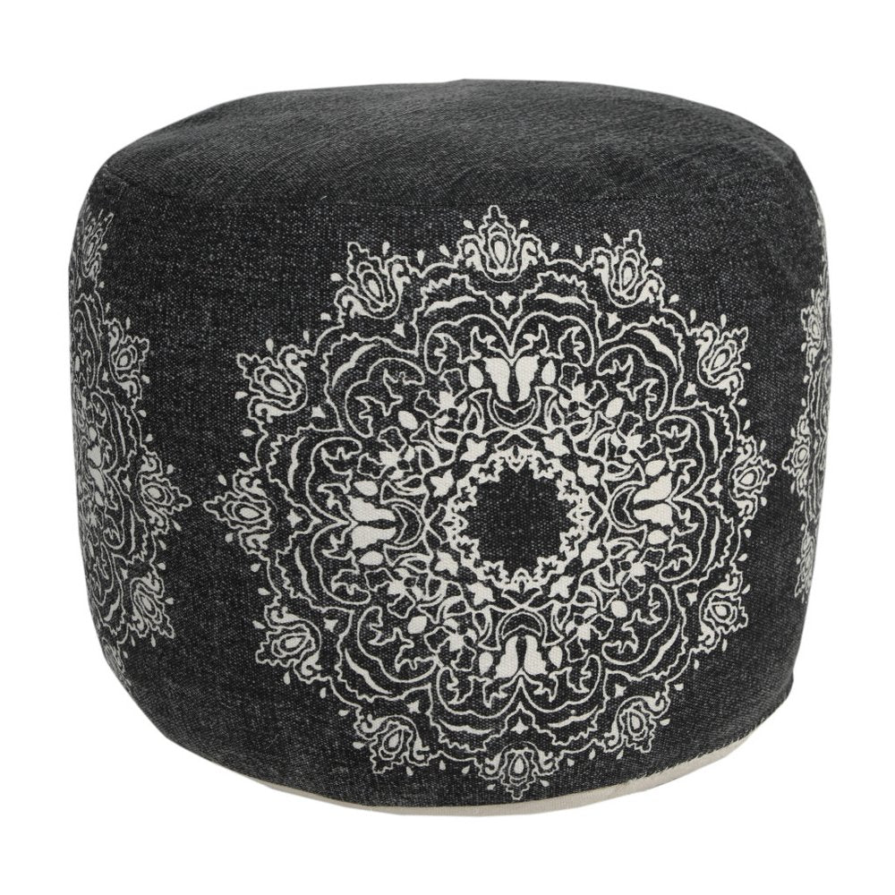 18" Black Cotton Cylinder Medallion Pouf Ottoman