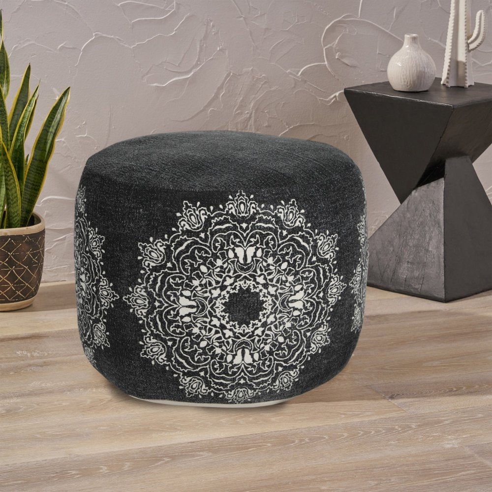 18" Black Cotton Cylinder Medallion Pouf Ottoman