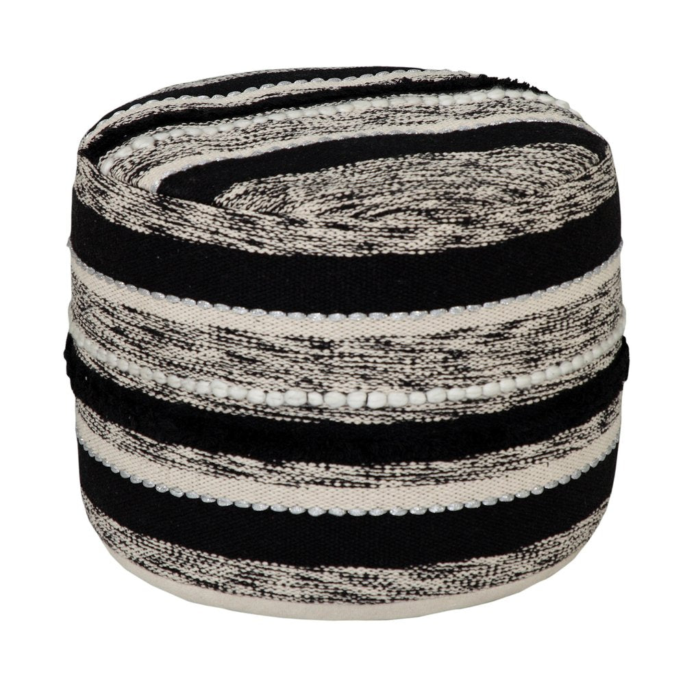 18" White Cotton Cylinder Striped Pouf Ottoman