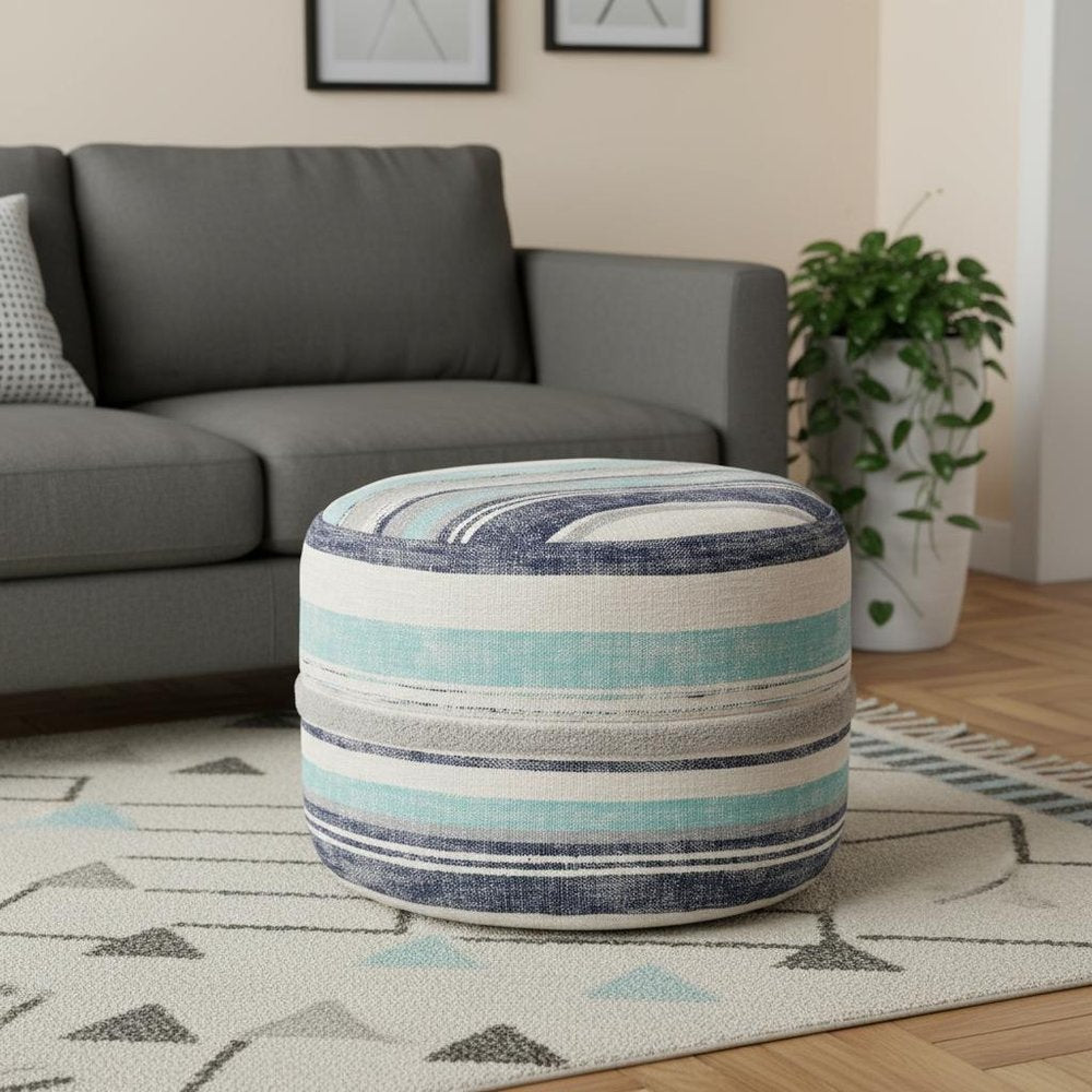 18" Blue Cotton Cylinder Striped Pouf Ottoman