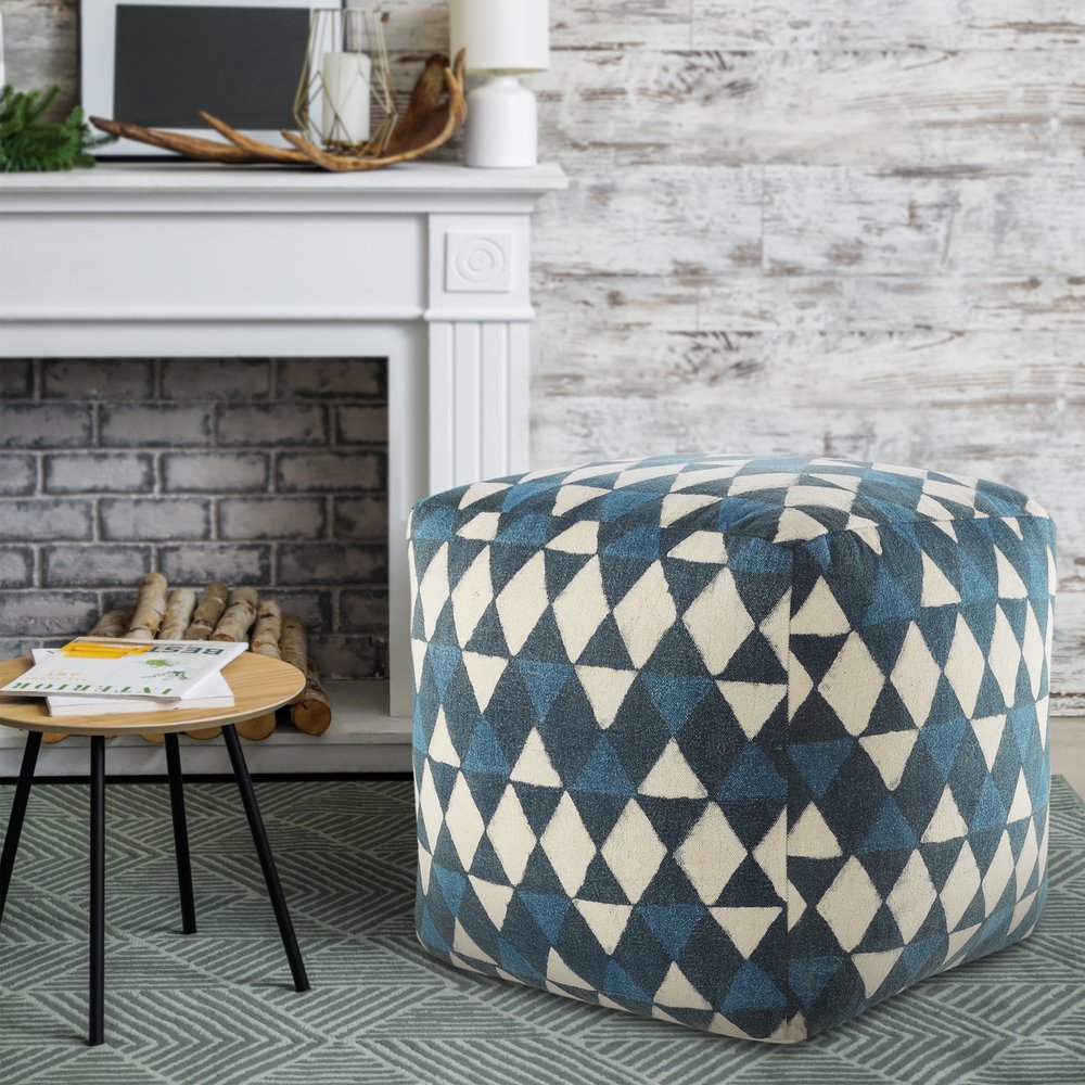 20" Blue Cotton Geometric Pouf Ottoman
