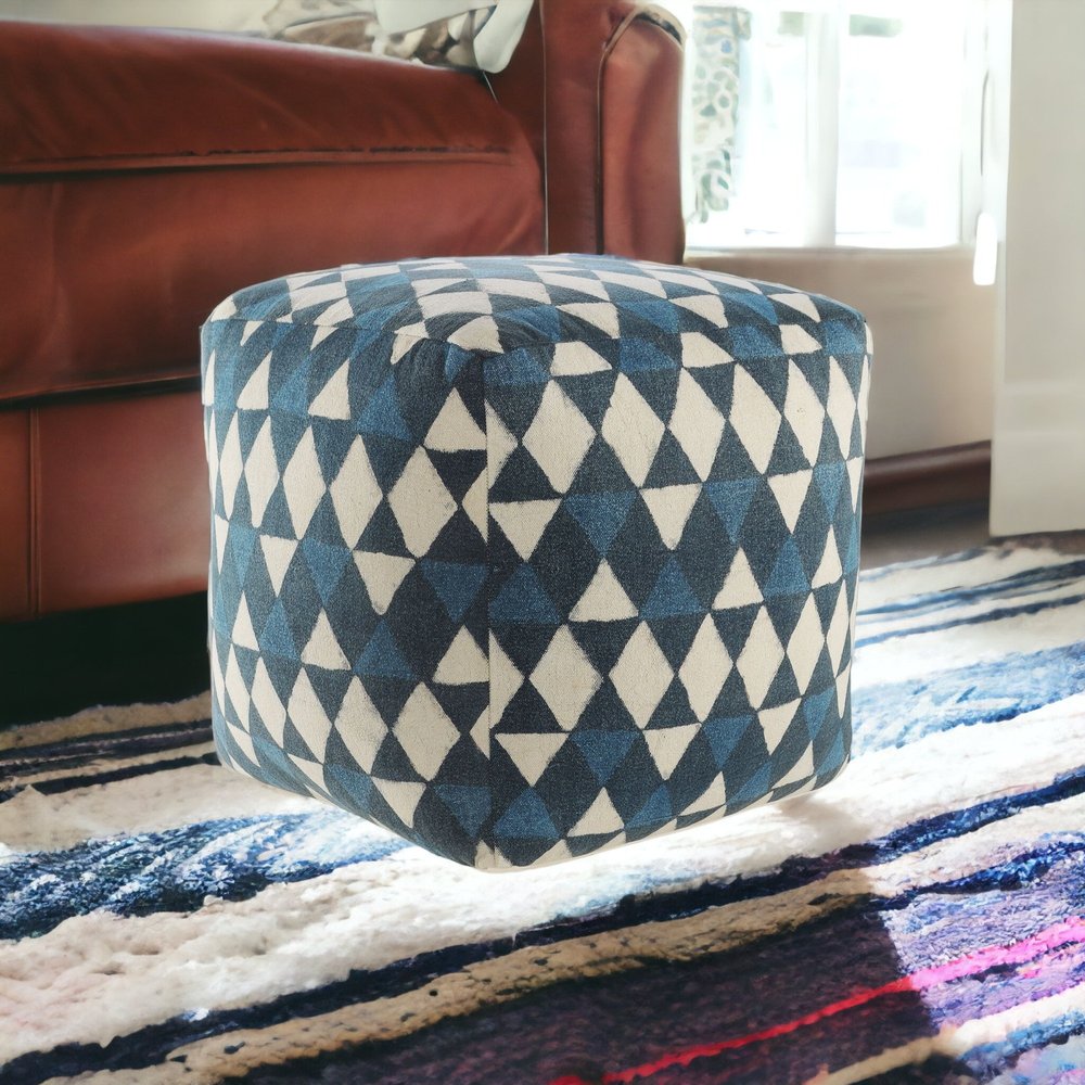 20" Blue Cotton Geometric Pouf Ottoman