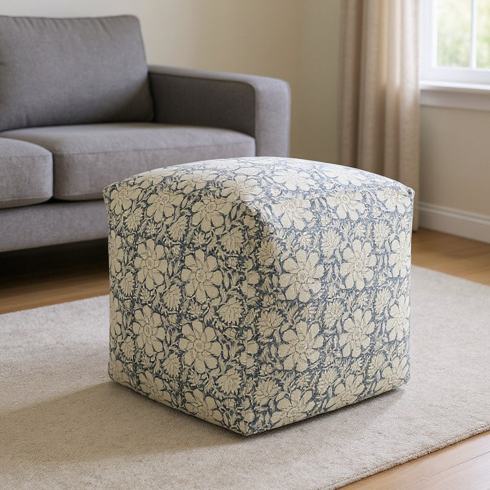 20" Beige Cotton Abstract Pouf Ottoman