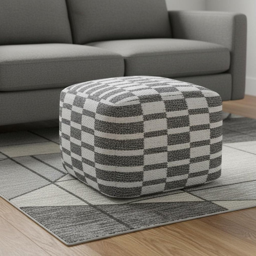 18" Gray Cotton Geometric Pouf Ottoman