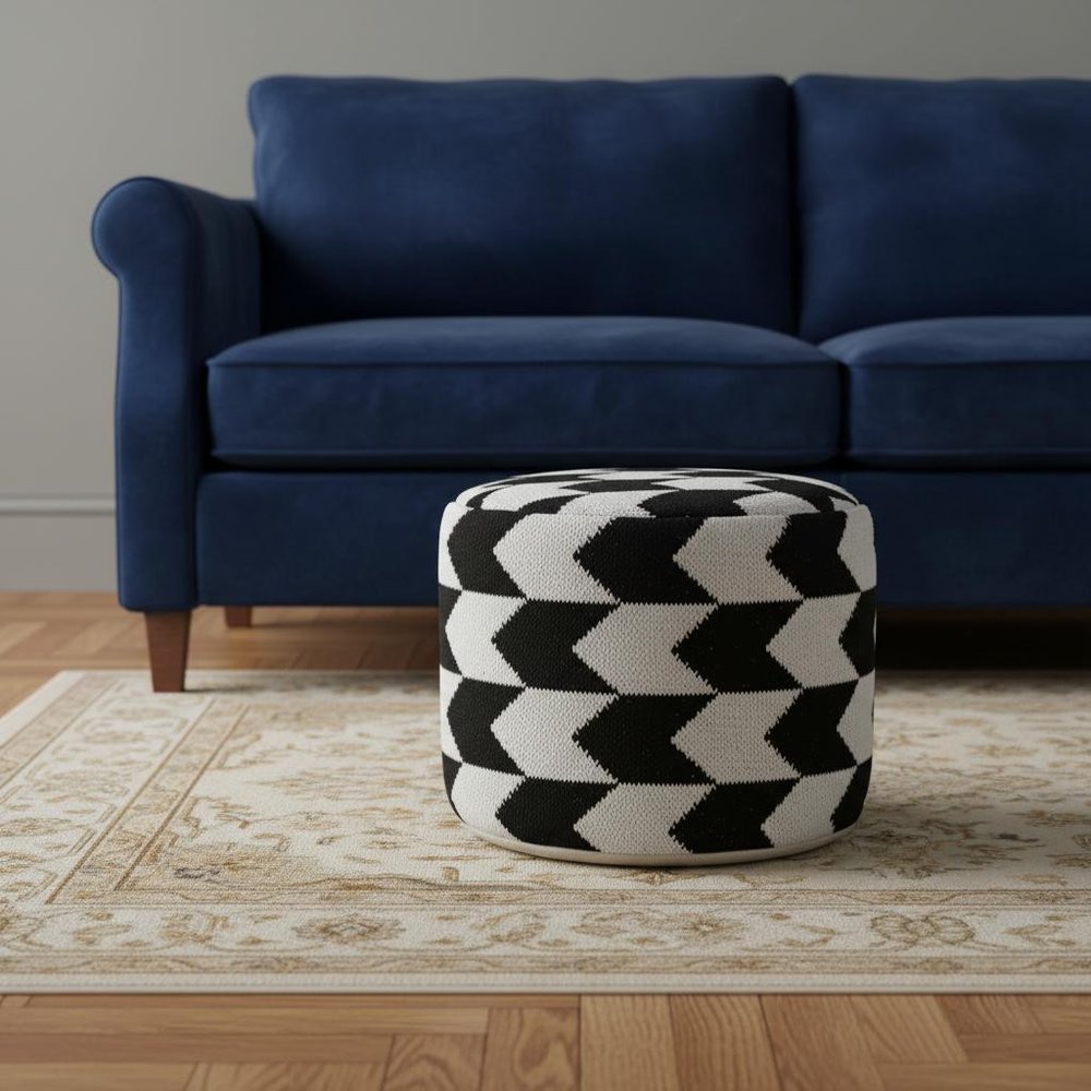 18" Black Cylinder Chevron Pouf Ottoman