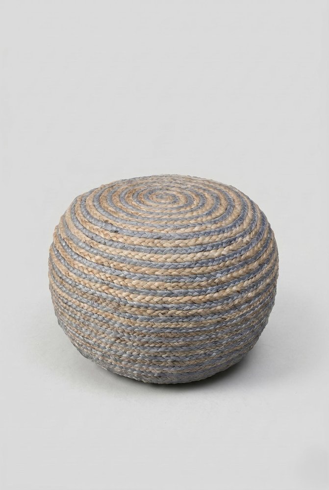 20" Gray Cotton Blend Striped Round Pouf Ottoman