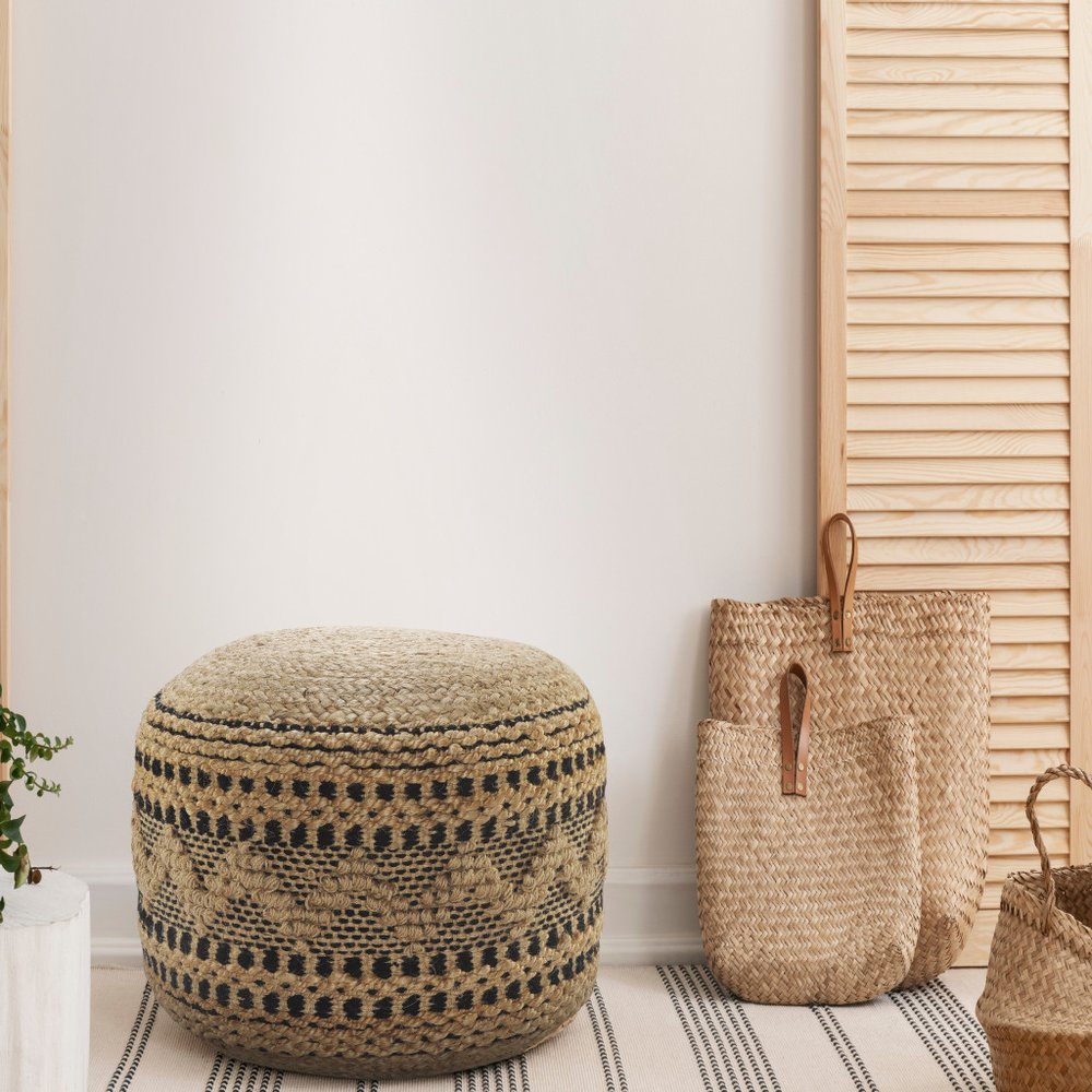 18" Tan Geometric Pouf Ottoman