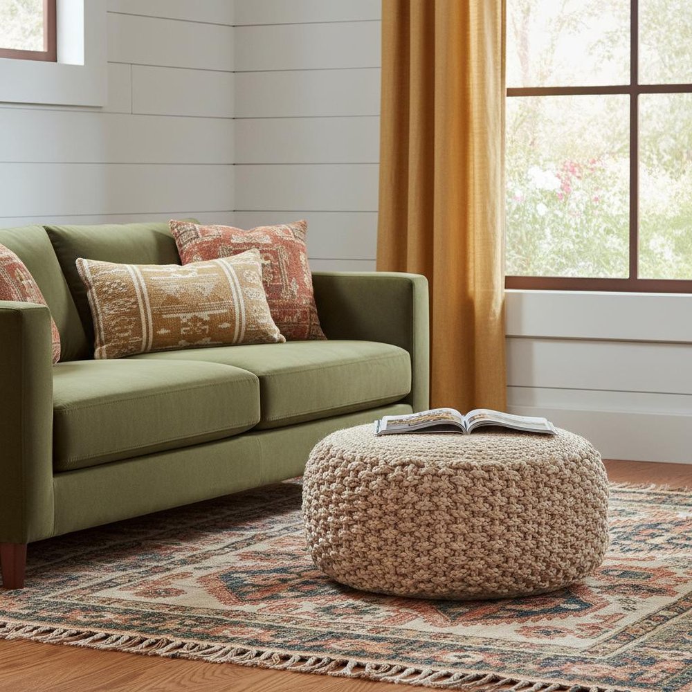 20" Tan Round Geometric Pouf Ottoman