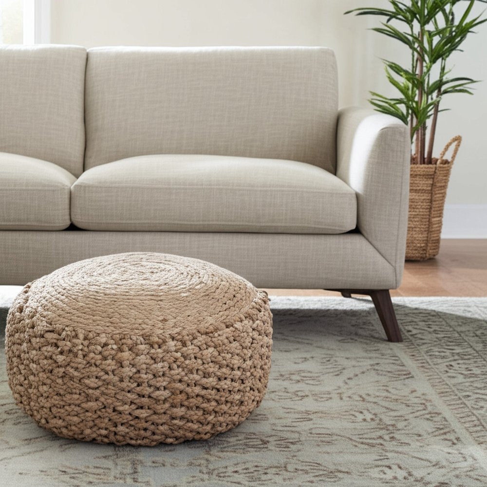 20" Tan Round Geometric Pouf Ottoman