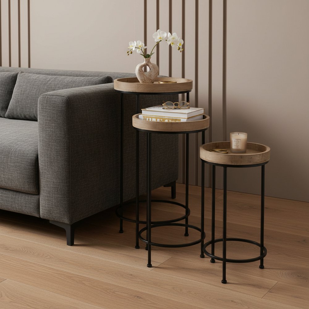 Set of Three 29" Black And Brown Round End Tables