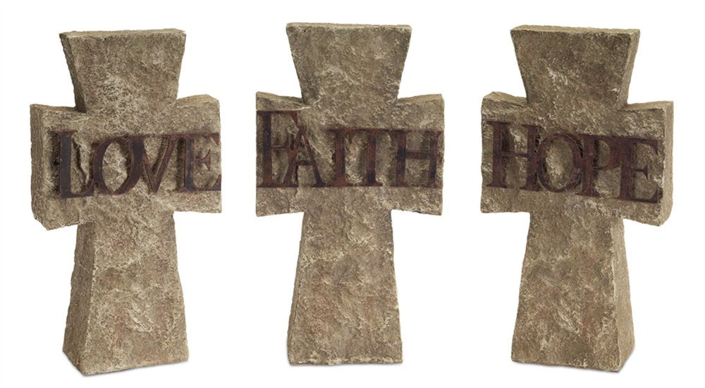 Set of Three 11" Gray Cement Cross Statue Tabletop Sculpture