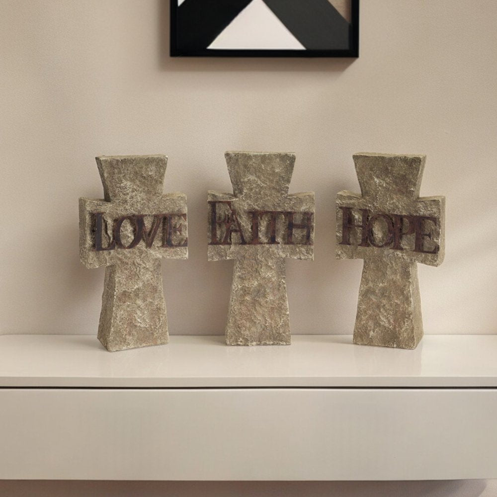 Set of Three 11" Gray Cement Cross Statue Tabletop Sculpture