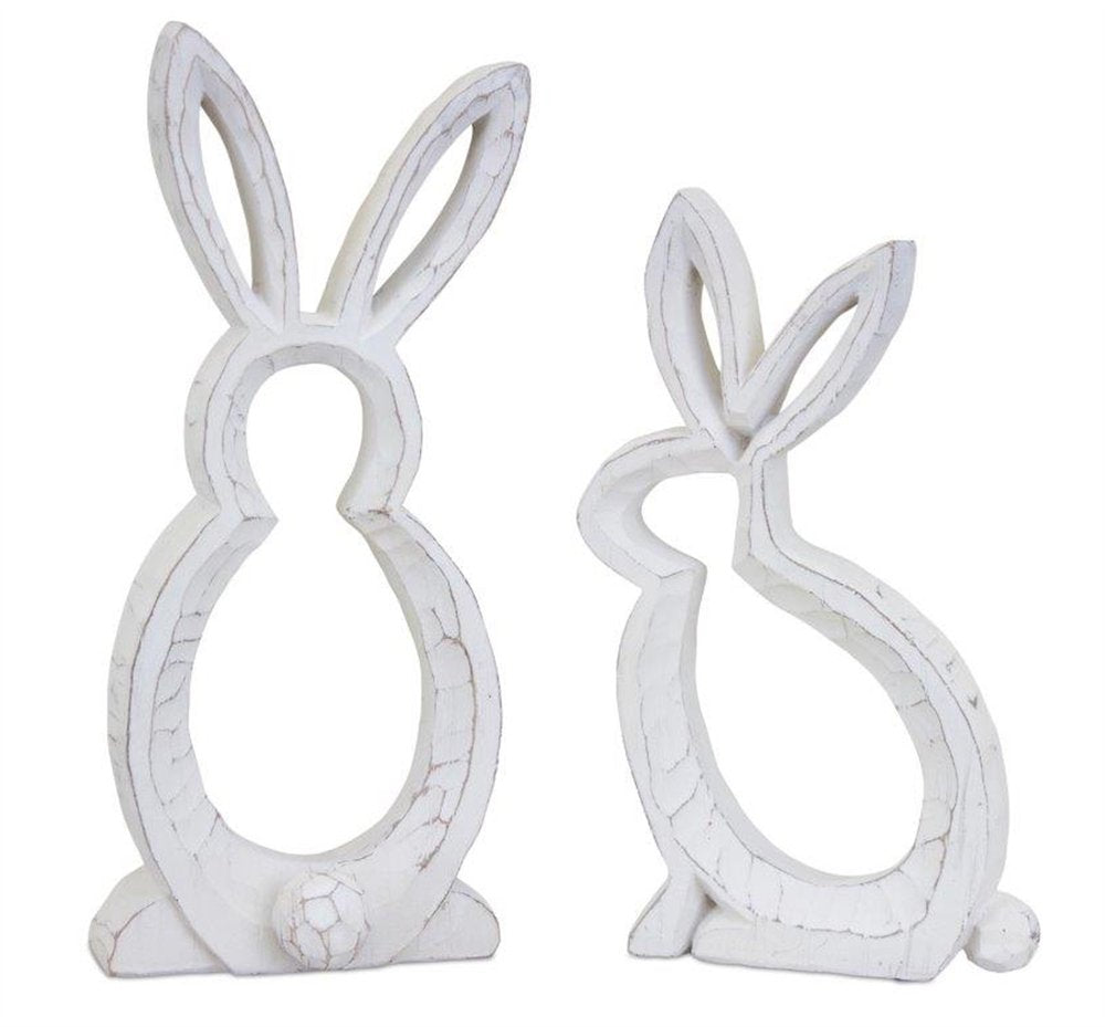 Set of Two White Polyresin Rabbit Statue Tabletop Sculpture