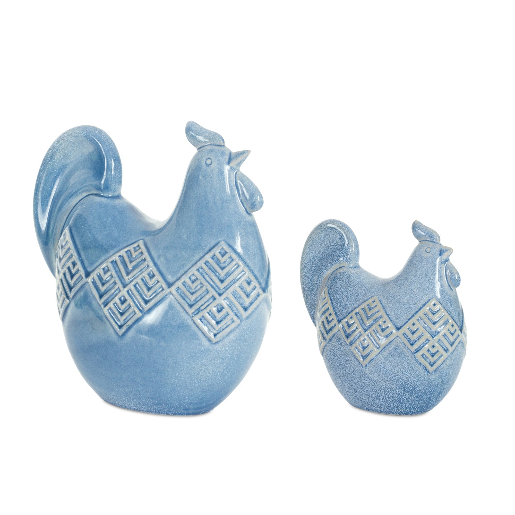 Set Of Two 8" Blue Ceramic Rooster Bird Figurine