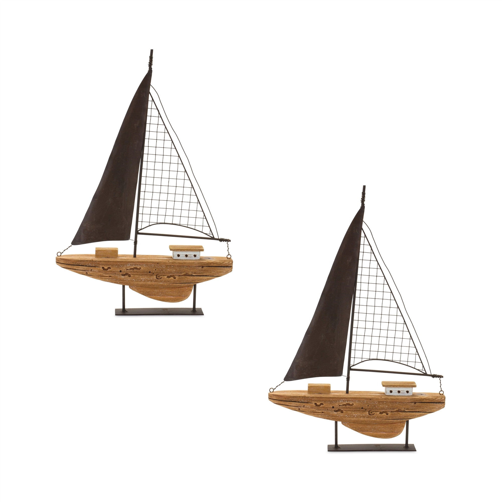 Set of Two 18" Natural and Black Wood and Metal Boat Tabletop Sculptures