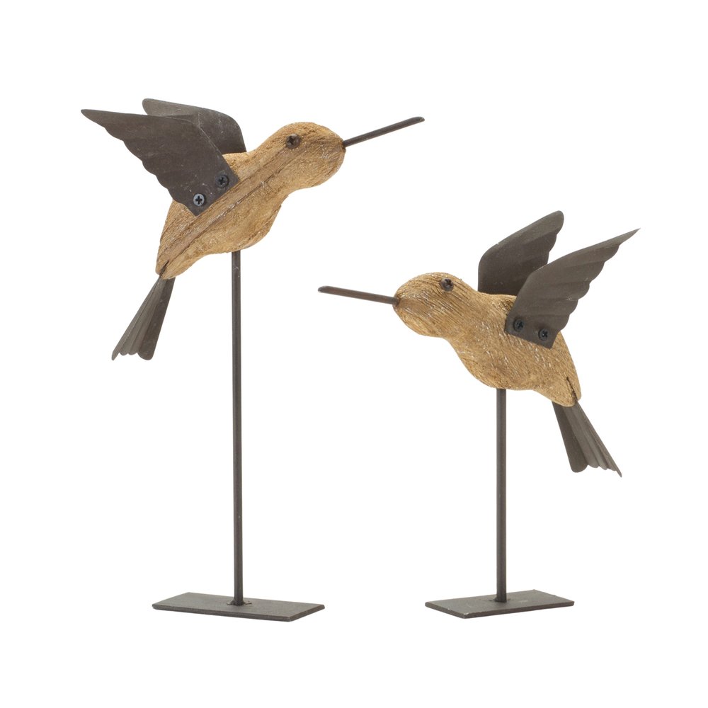 Set of Two 8" Natural Wood And Metal Bird Figurine Tabletop Sculpture