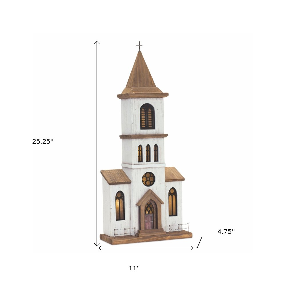 25" Brown And White Wood And Metal Church Tabletop Sculpture