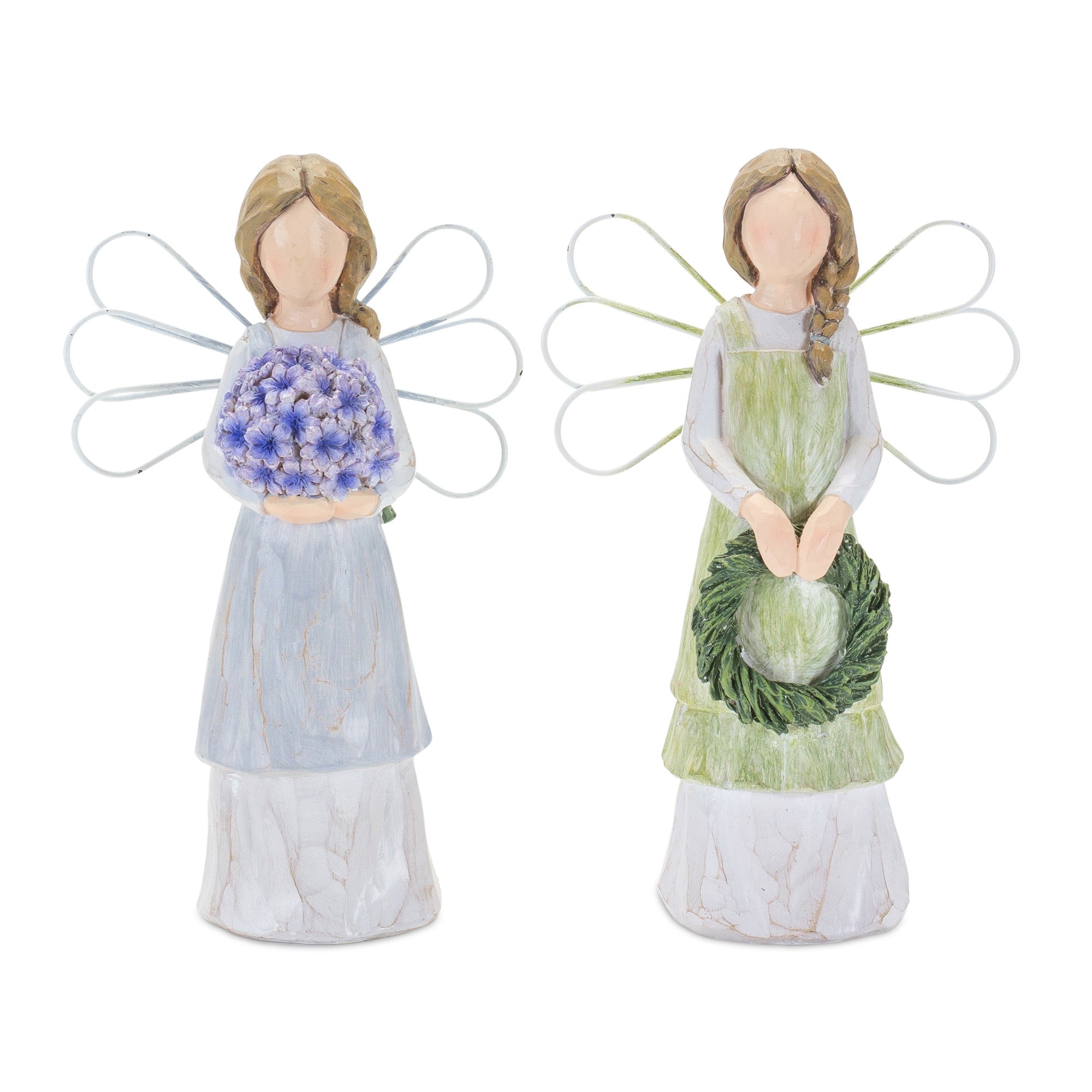 Set Of Two 7" Green Polyresin Angel Figurine