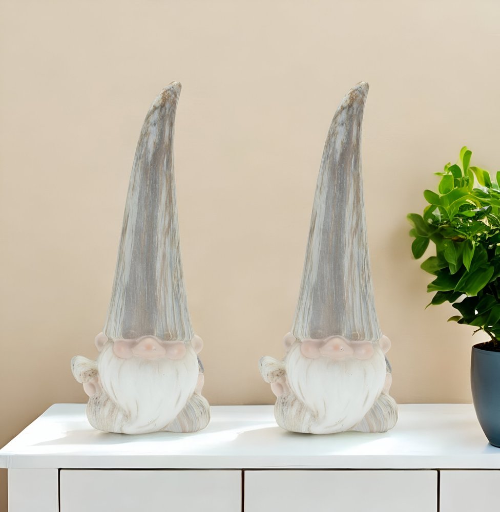 Set of Two Gray and Beige Terracotta Fairy Christmas Standing Gnome Tabletop Sculpture