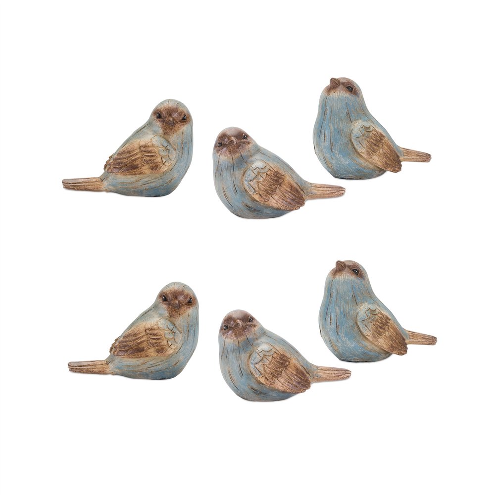 Set of Six 3" Blue And Brown Polyresin Bird Figurine Tabletop Sculpture