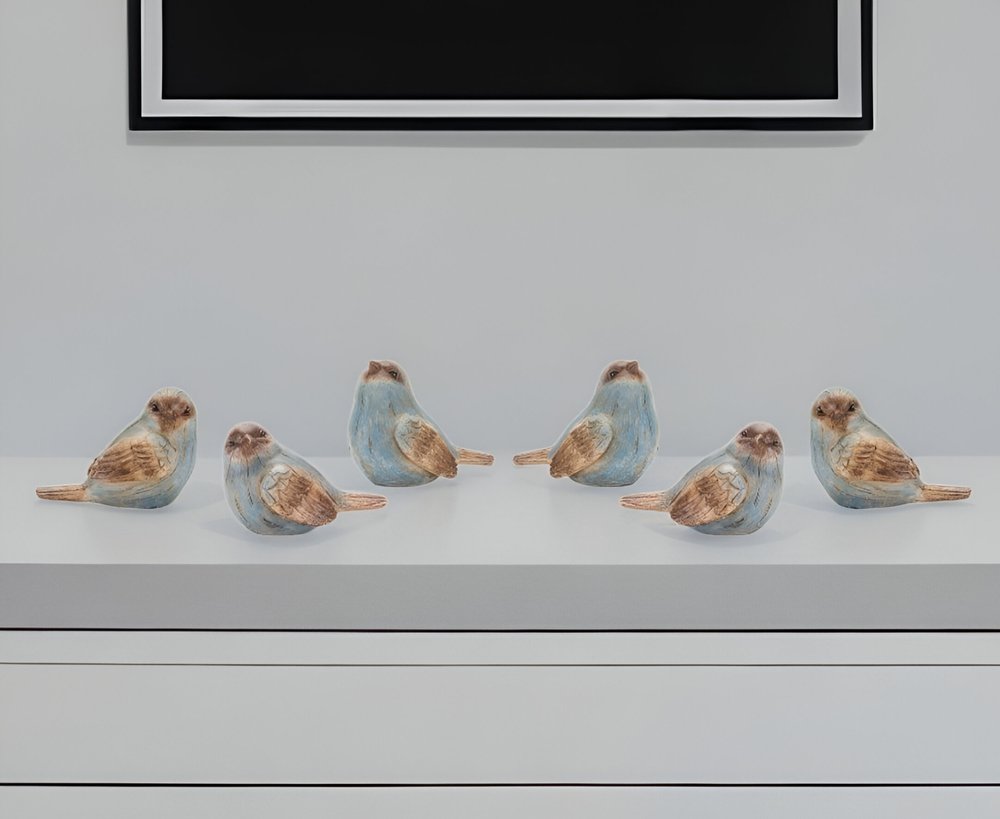 Set of Six 3" Blue And Brown Polyresin Bird Figurine Tabletop Sculpture