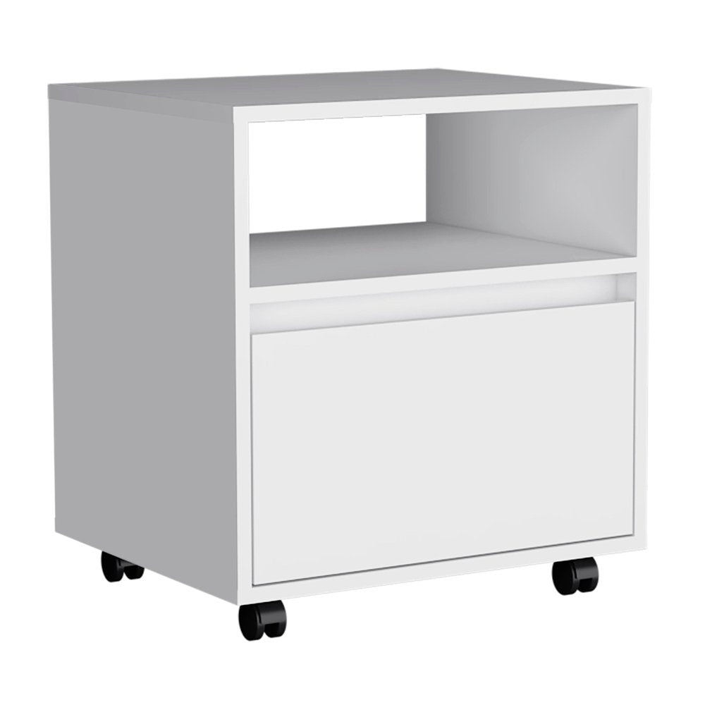 21" White Wood One Drawer Rolling Nightstand