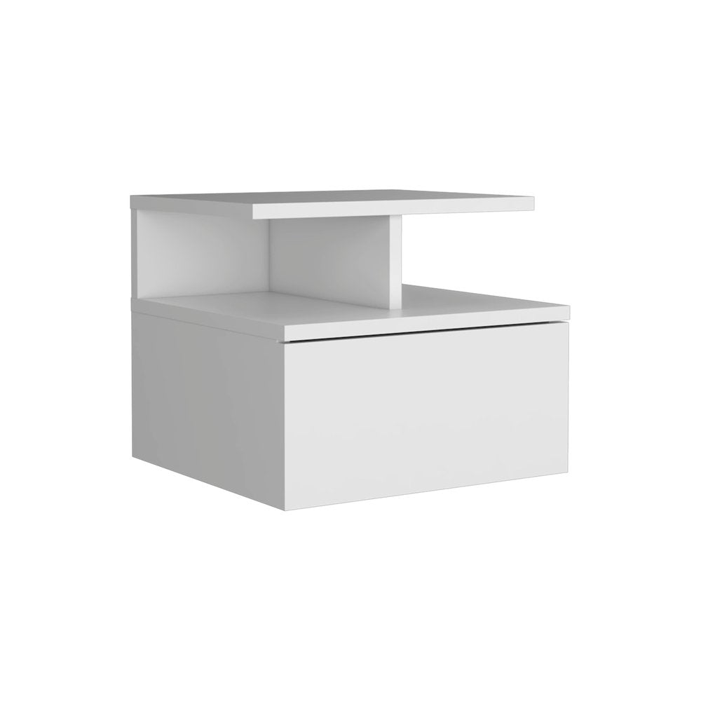 14" White Wood One Drawer Floating Nightstand