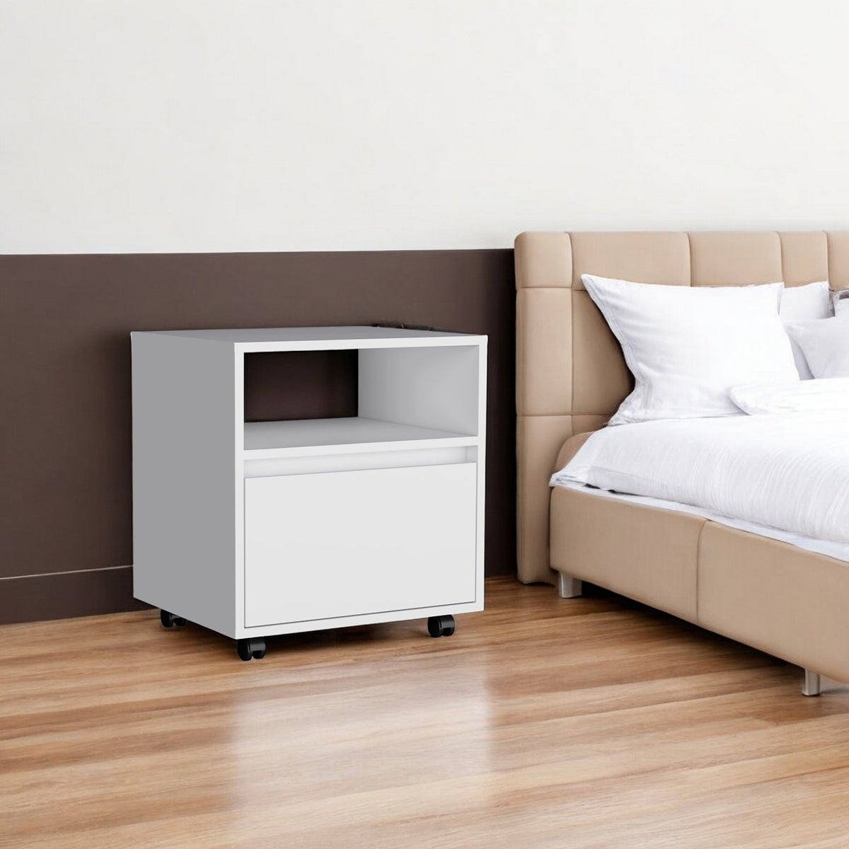 21" White Wood One Drawer Nightstand with Integrated Tech