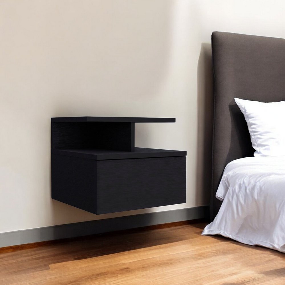 12" Black Wood One Drawer Nightstand with Integrated Tech