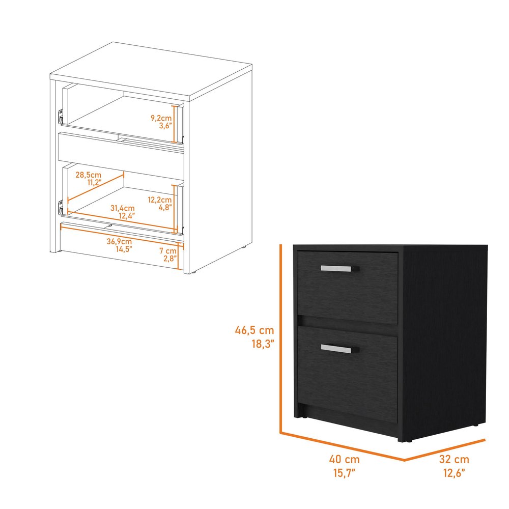 19" Black Wood Two Drawer Nightstand with Integrated Tech