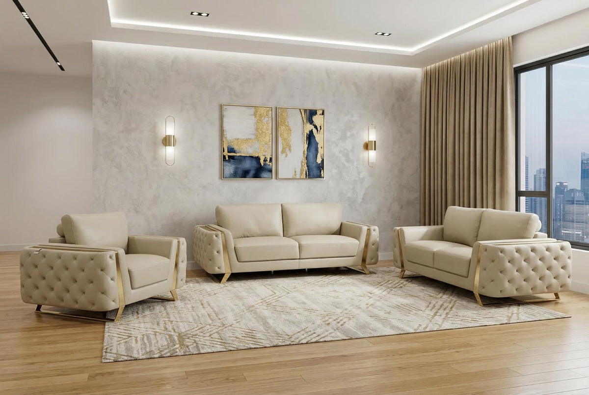 Three Piece Indoor Beige Italian Leather Six Person Seating Set