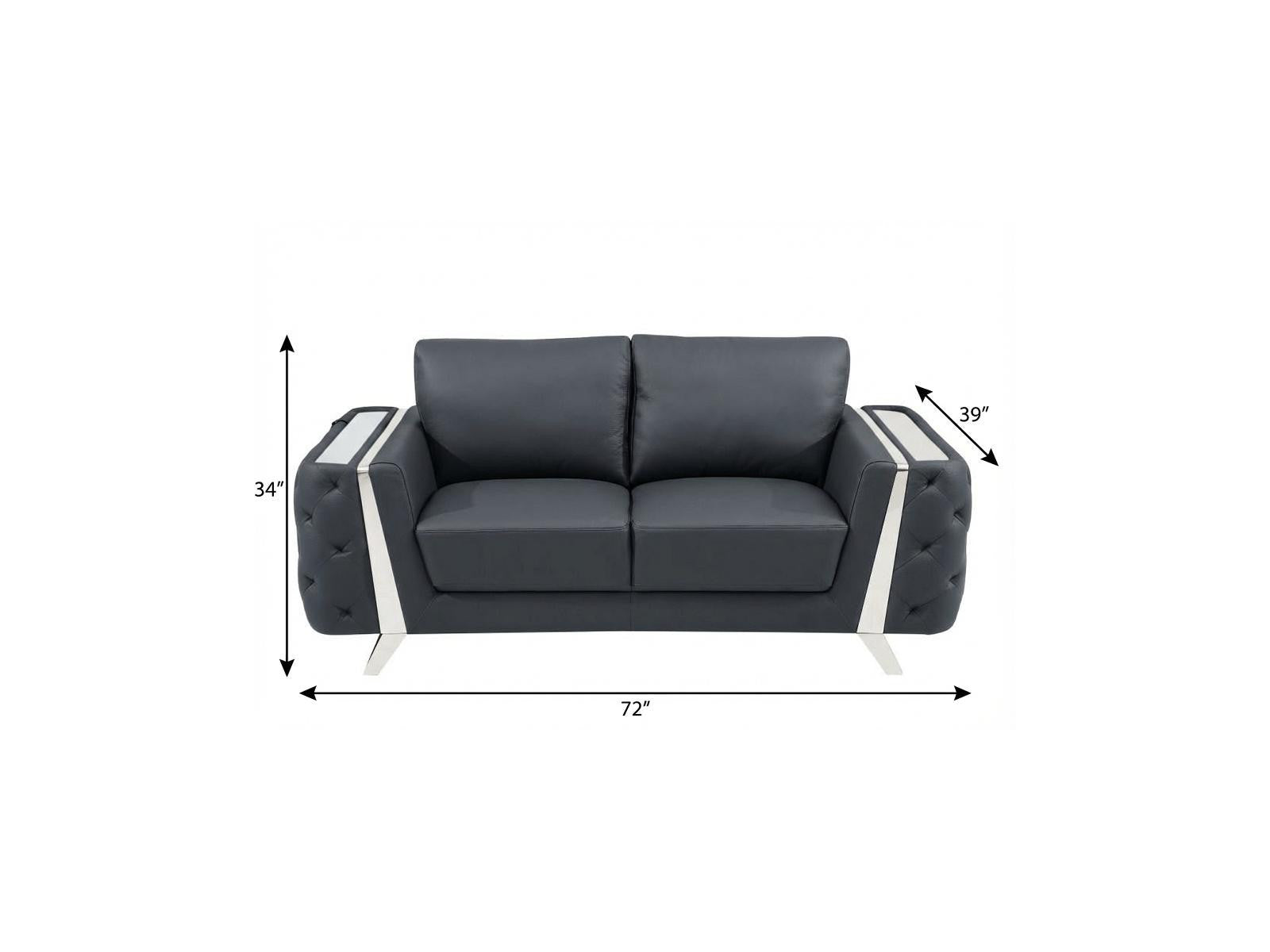 72" Dark Gray And Silver Genuine Leather Loveseat