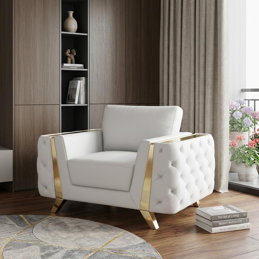 50" White And Gold Genuine Leather Club Chair