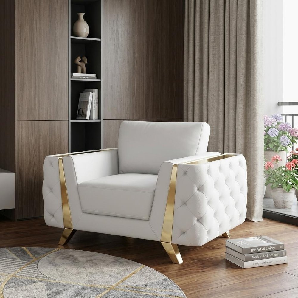 50" Beige And Gold Genuine Leather Tufted Club Chair