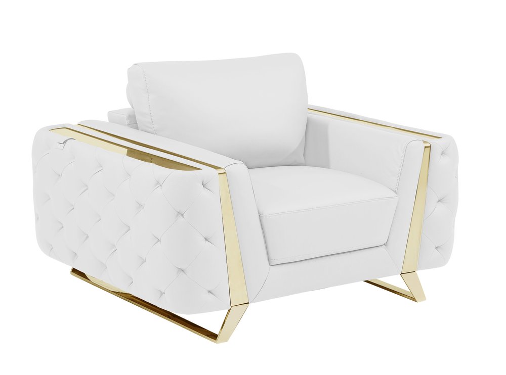 50" Beige And Gold Genuine Leather Tufted Club Chair