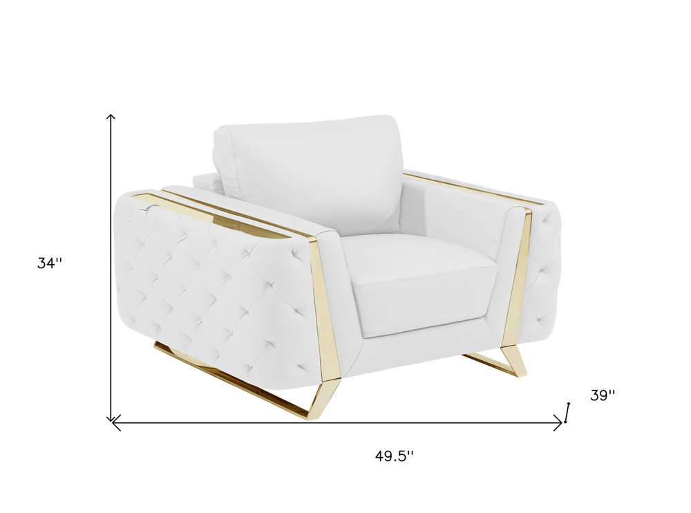 50" Beige And Gold Genuine Leather Tufted Club Chair