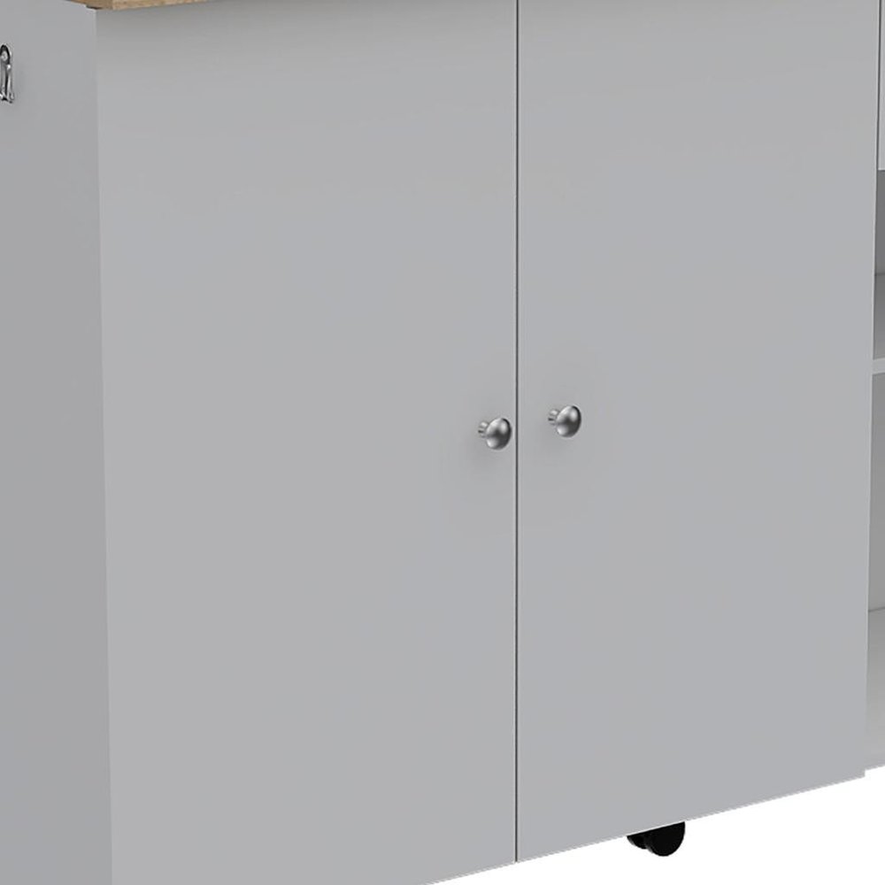 54" Oak and White Wood Flat Door Rolling Kitchen Island Set With Storage