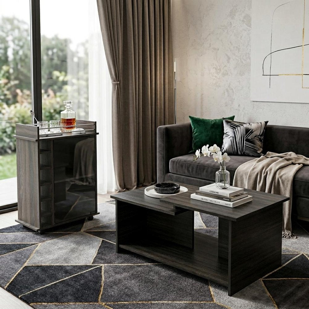 Set of Two Espresso and Black Wood Floor Shelf Furniture Set