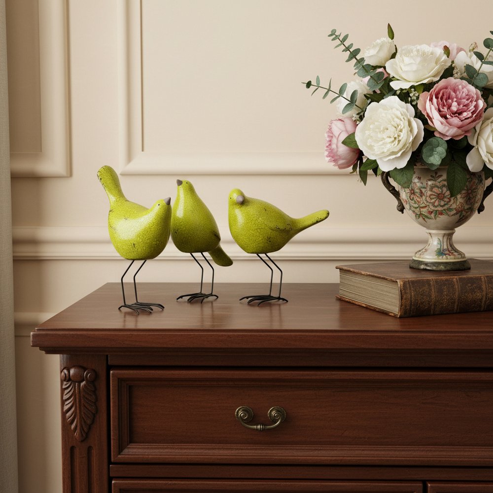 Set of Three Lemongrass Green Polyresin and Metal Bird Sculptures