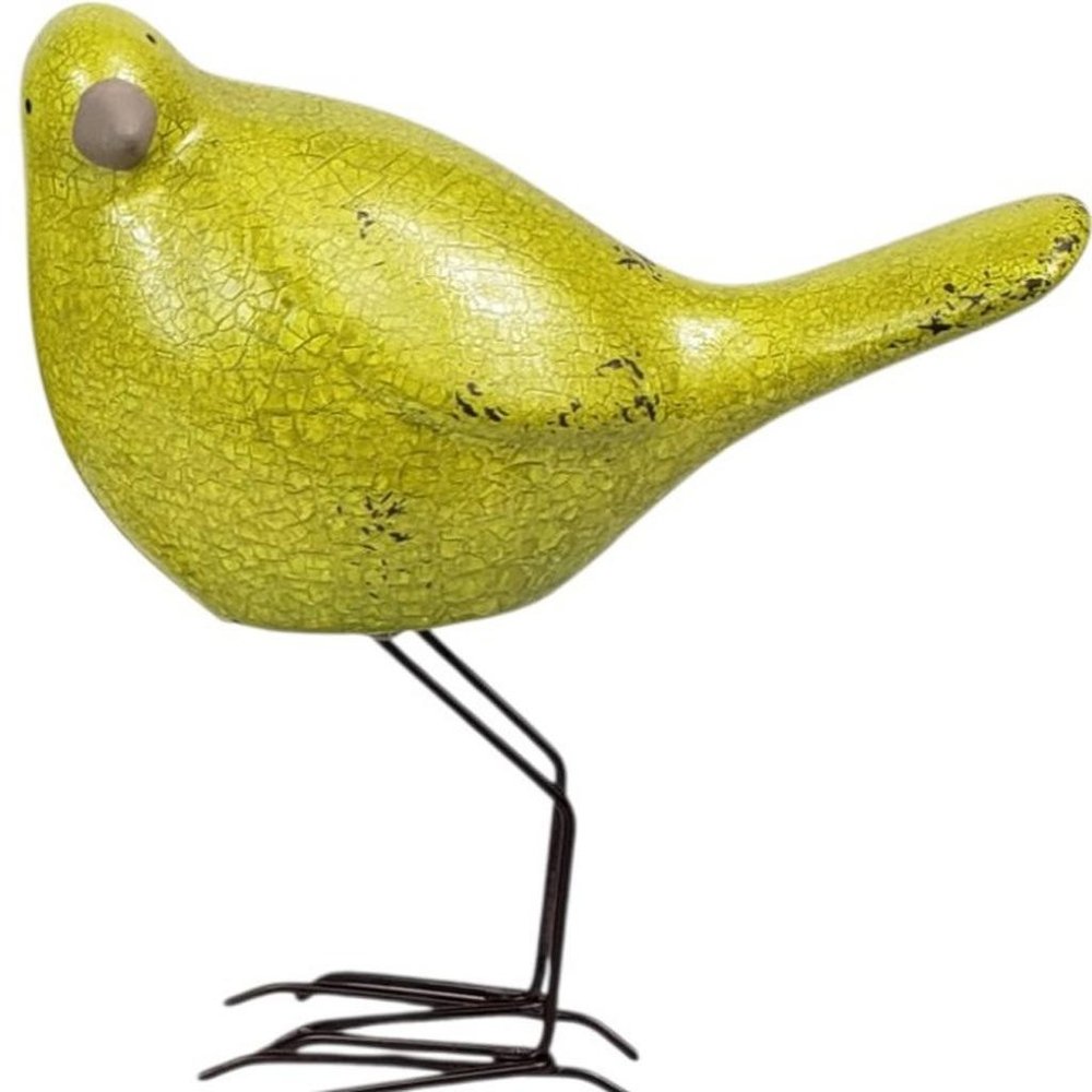 Set of Three Lemongrass Green Polyresin and Metal Bird Sculptures