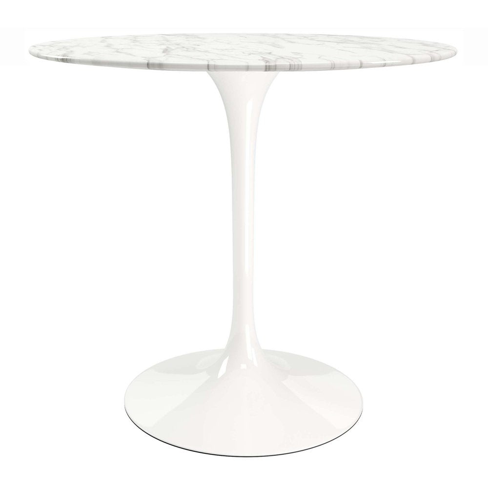 32" White Rounded Marble And Metal Pedestal Base Dining Table