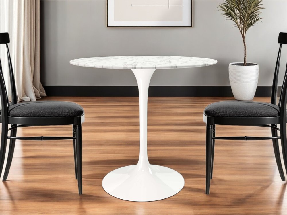 32" White Rounded Marble And Metal Pedestal Base Dining Table