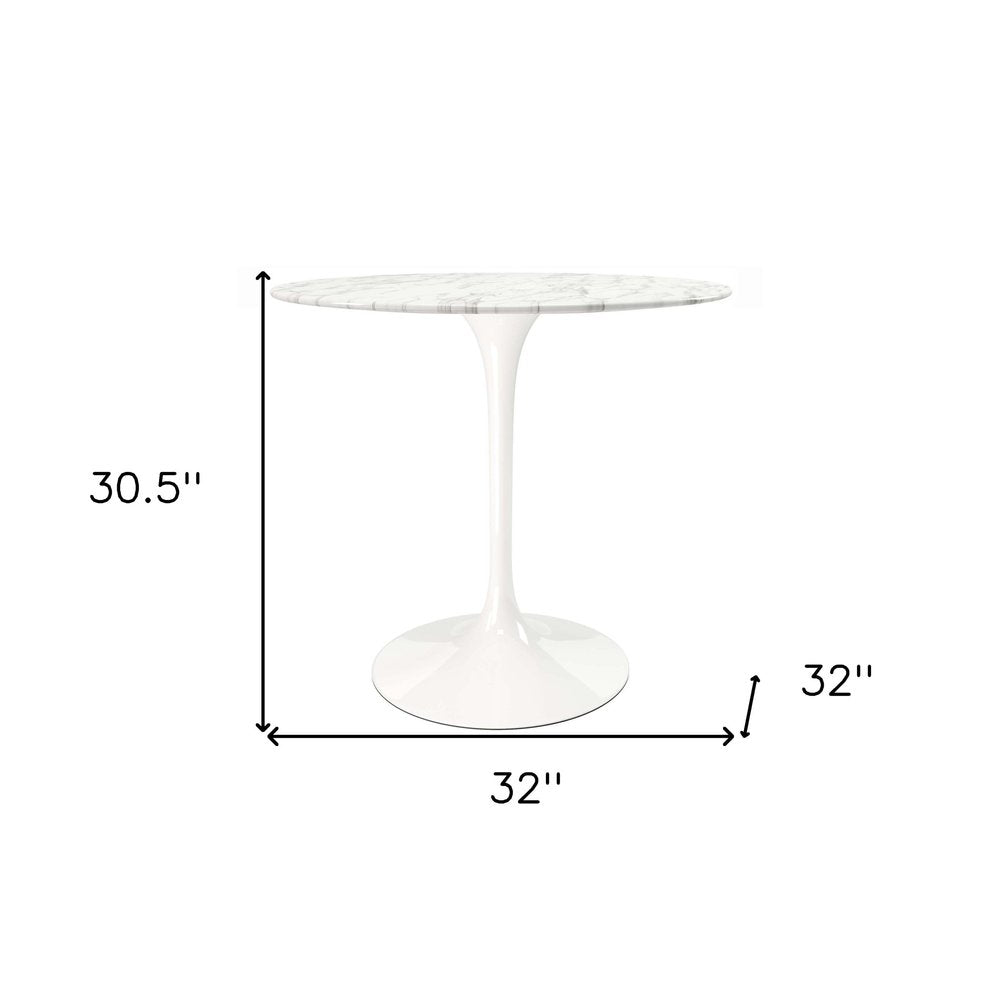 32" White Rounded Marble And Metal Pedestal Base Dining Table