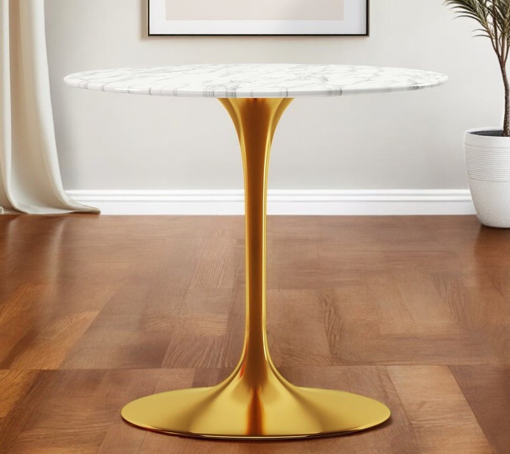 32" White And Gold Marble And Metal Dining Table
