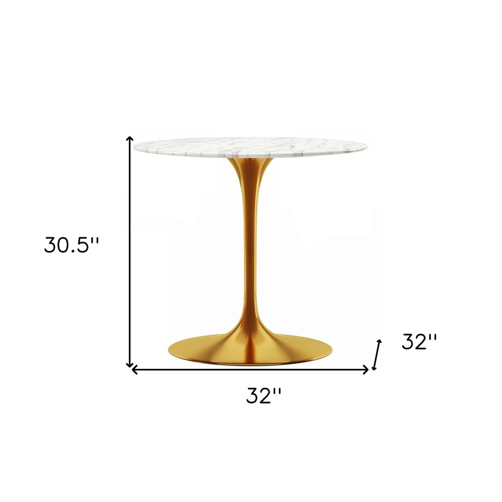 32" White And Gold Marble And Metal Dining Table