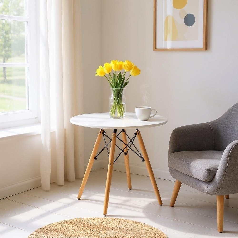 30" White And Natural Rounded Fiberglass And Solid Wood Dining Table