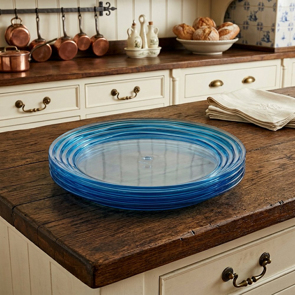 Blue Four Piece Round Swirl Acrylic Service For Four Salad Plate Set